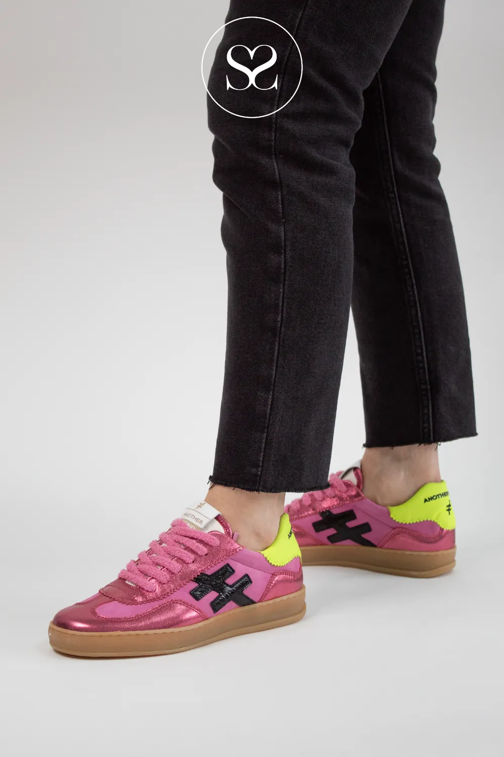 ANOTHER TREND A032 FUSHIA PINK/LIME LEATHER TRAINERS