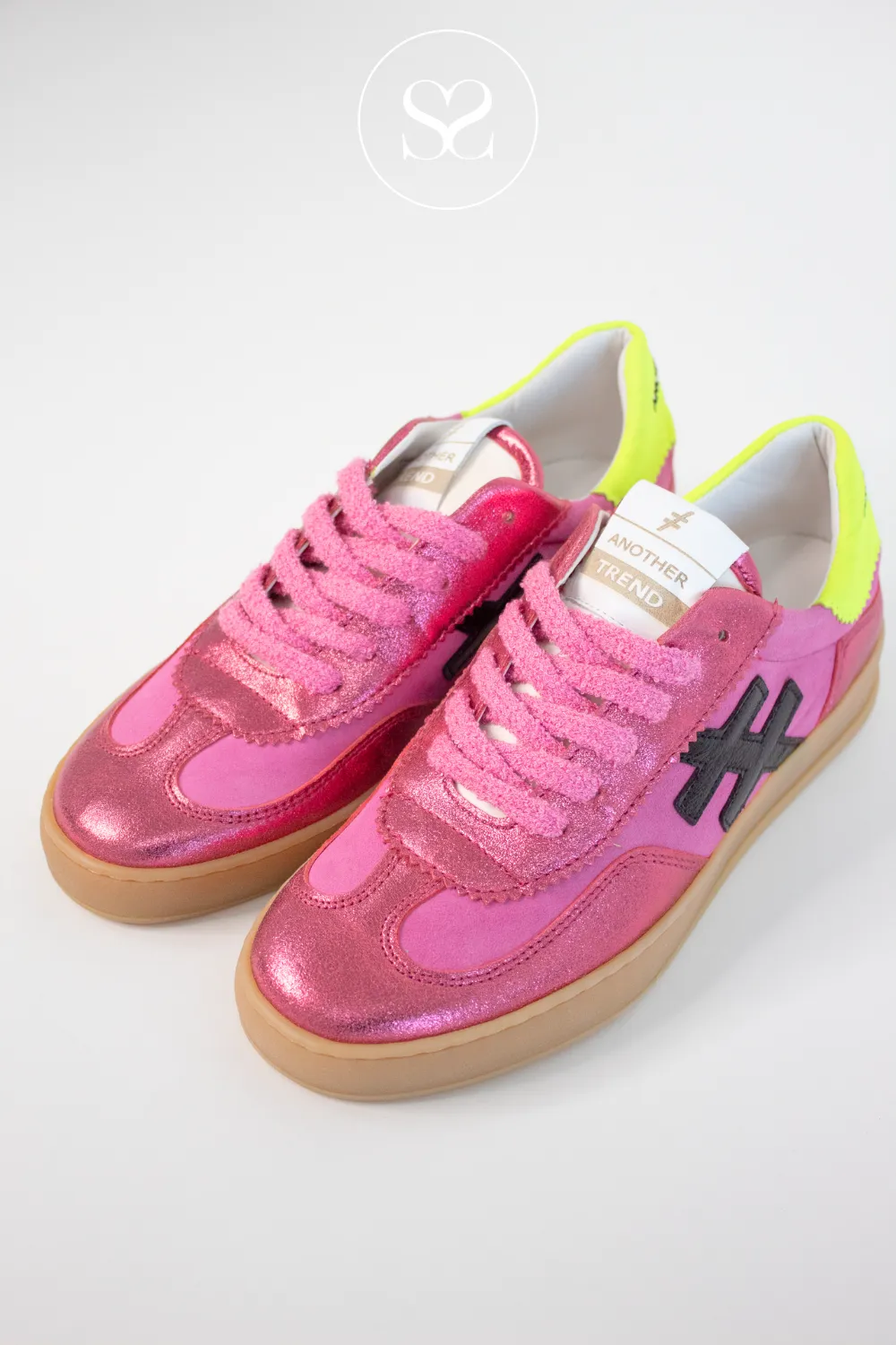 ANOTHER TREND A032 FUSHIA PINK/LIME LEATHER TRAINERS