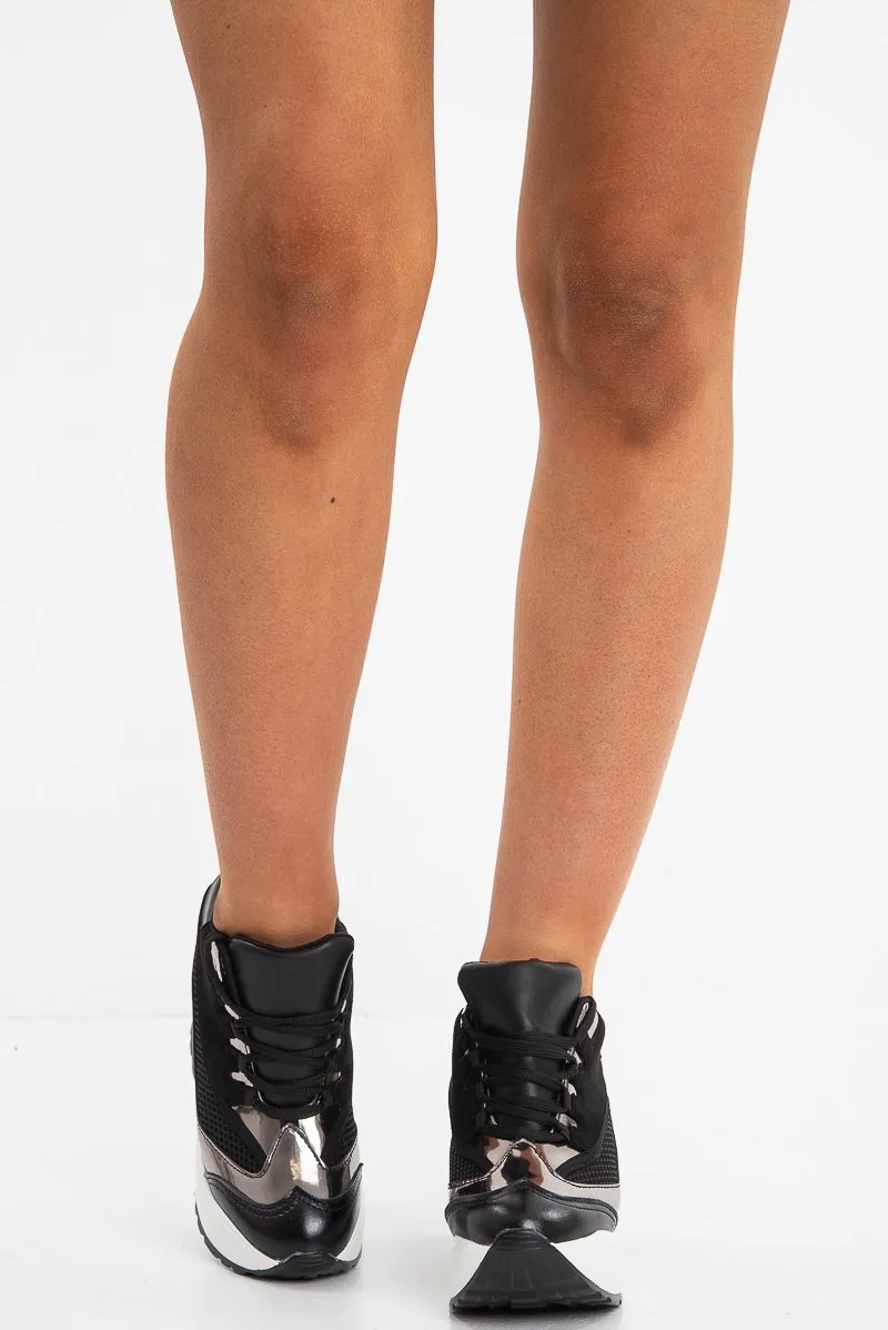 Black Faux Leather Chunky Wedge Trainers - Jody