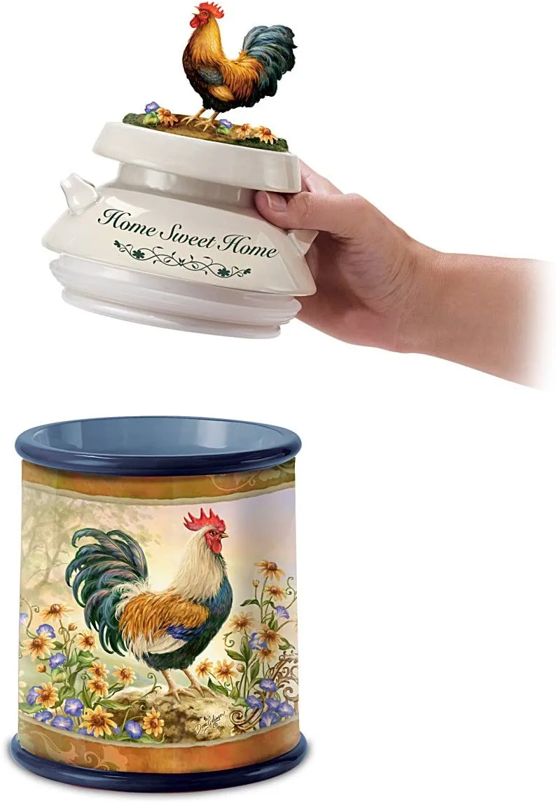Dona Gelsinger Country Rooster Art Cookie Jar With Free Cookie Cutter And Recipe by The Bradford Exchange