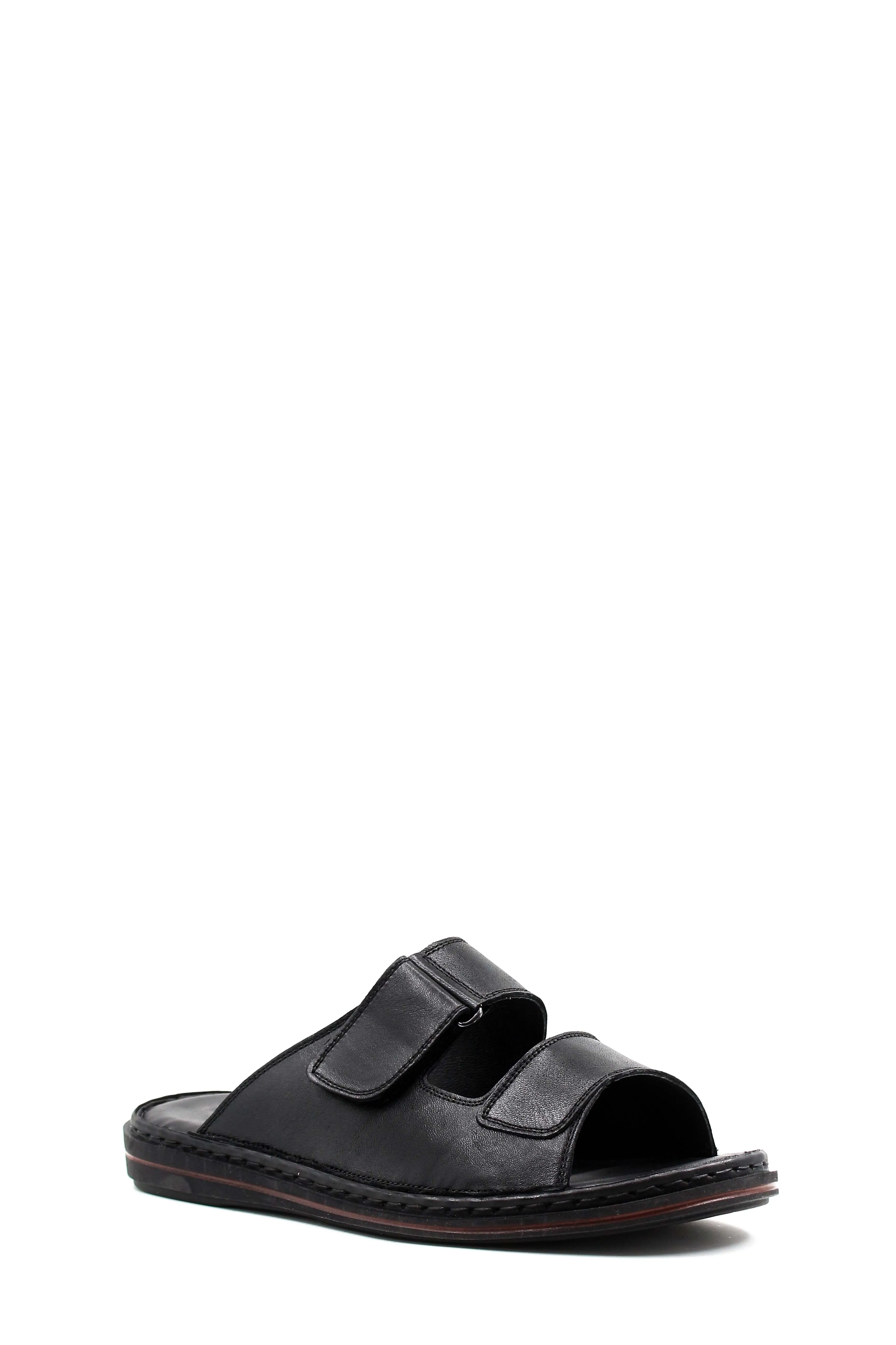 Men's Black Leather Open-Toe Slippers with Adjustable Straps - Wessi