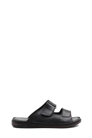 Men's Black Leather Open-Toe Slippers with Adjustable Straps - Wessi