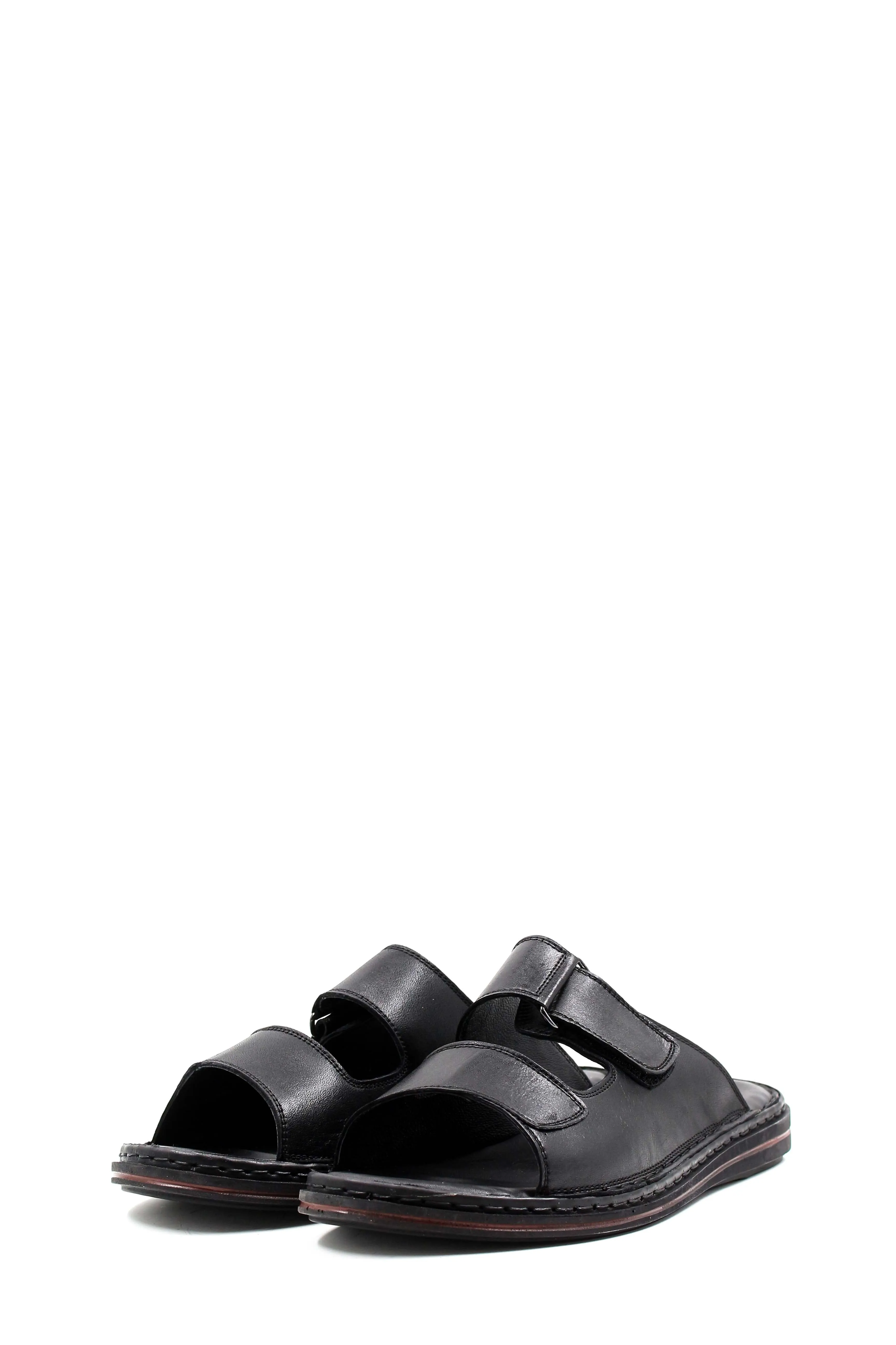 Men's Black Leather Open-Toe Slippers with Adjustable Straps - Wessi