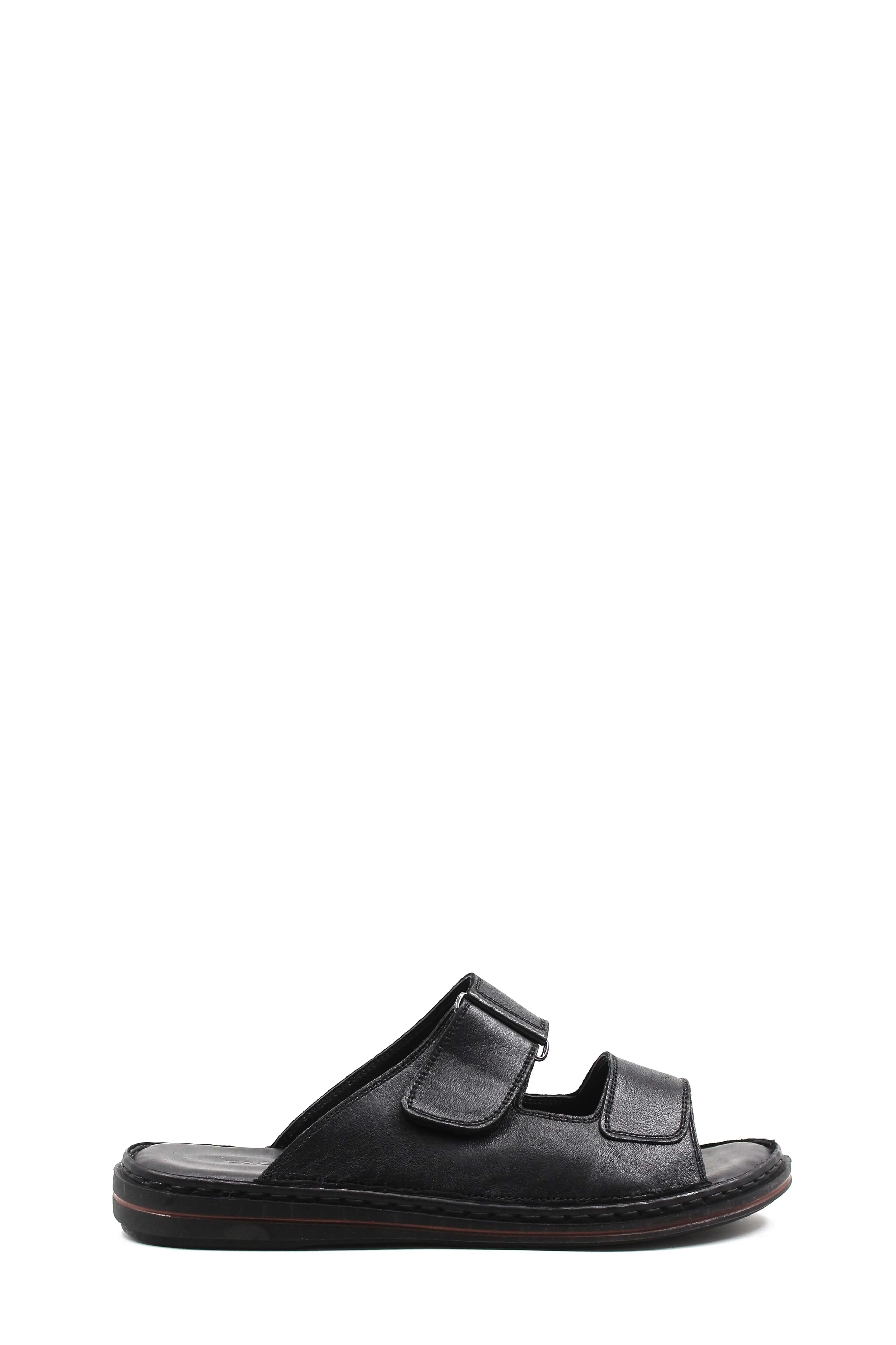 Men's Black Leather Open-Toe Slippers with Adjustable Straps - Wessi