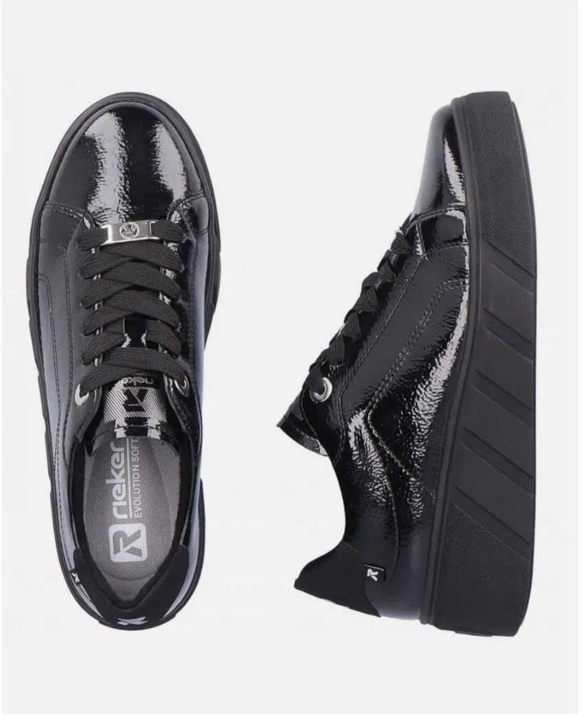 Rieker Evolution W0501-00 Crashlack Black Patent Leather Flatform Trainers