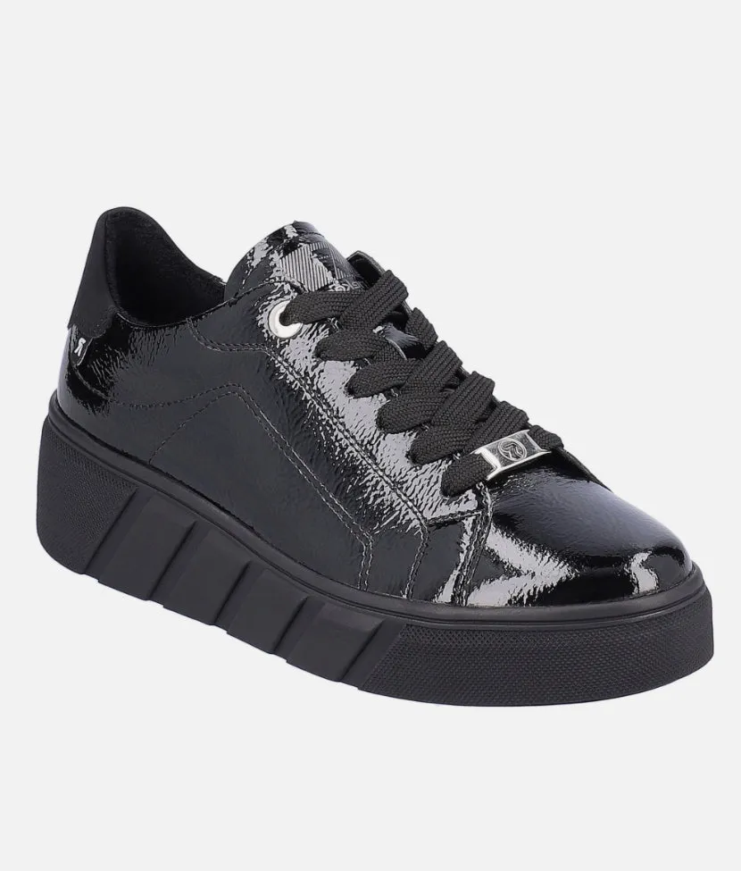Rieker Evolution W0501-00 Crashlack Black Patent Leather Flatform Trainers