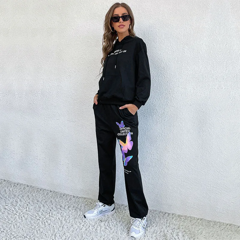 Women's casual printed long sleeve Hooded Sweater Set (women). sports