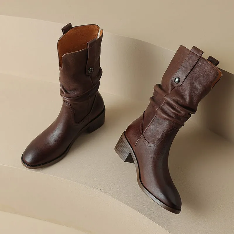 Womens Leather Mid Calf Western Boots In Brown/Black - Western R Toe 50mm Block Heeled
