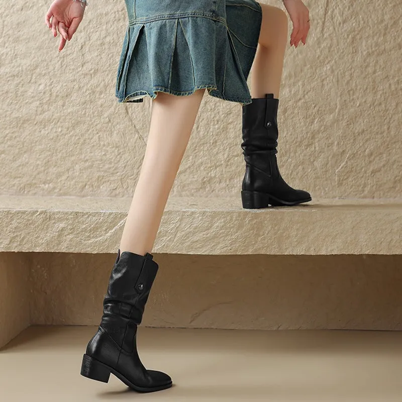 Womens Leather Mid Calf Western Boots In Brown/Black - Western R Toe 50mm Block Heeled