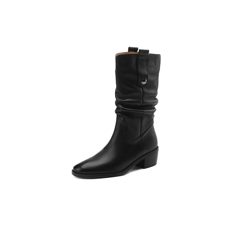Womens Leather Mid Calf Western Boots In Brown/Black - Western R Toe 50mm Block Heeled