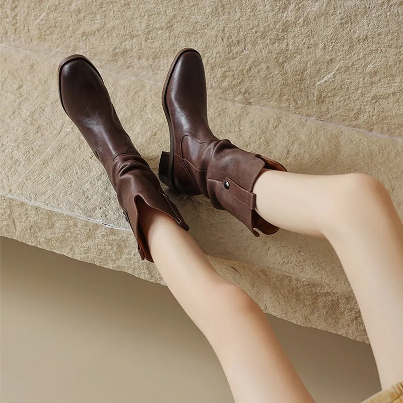 Womens Leather Mid Calf Western Boots In Brown/Black - Western R Toe 50mm Block Heeled