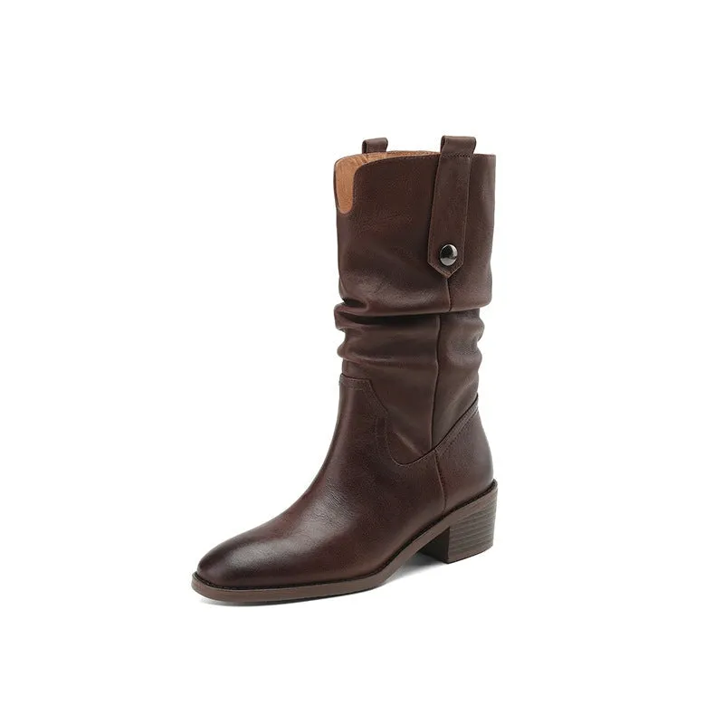 Womens Leather Mid Calf Western Boots In Brown/Black - Western R Toe 50mm Block Heeled